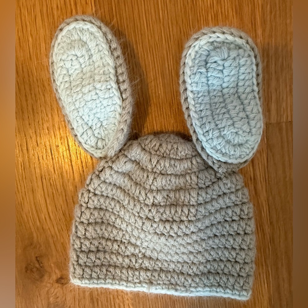 Hand Crocheted Blue and Grey Bunny Baby Hat